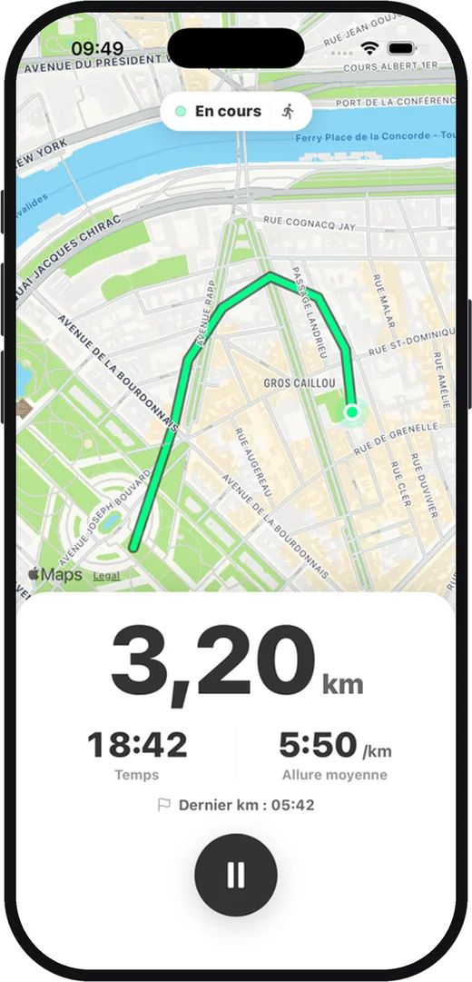Dein Lauf live: Distanz, Zeit, Pace.