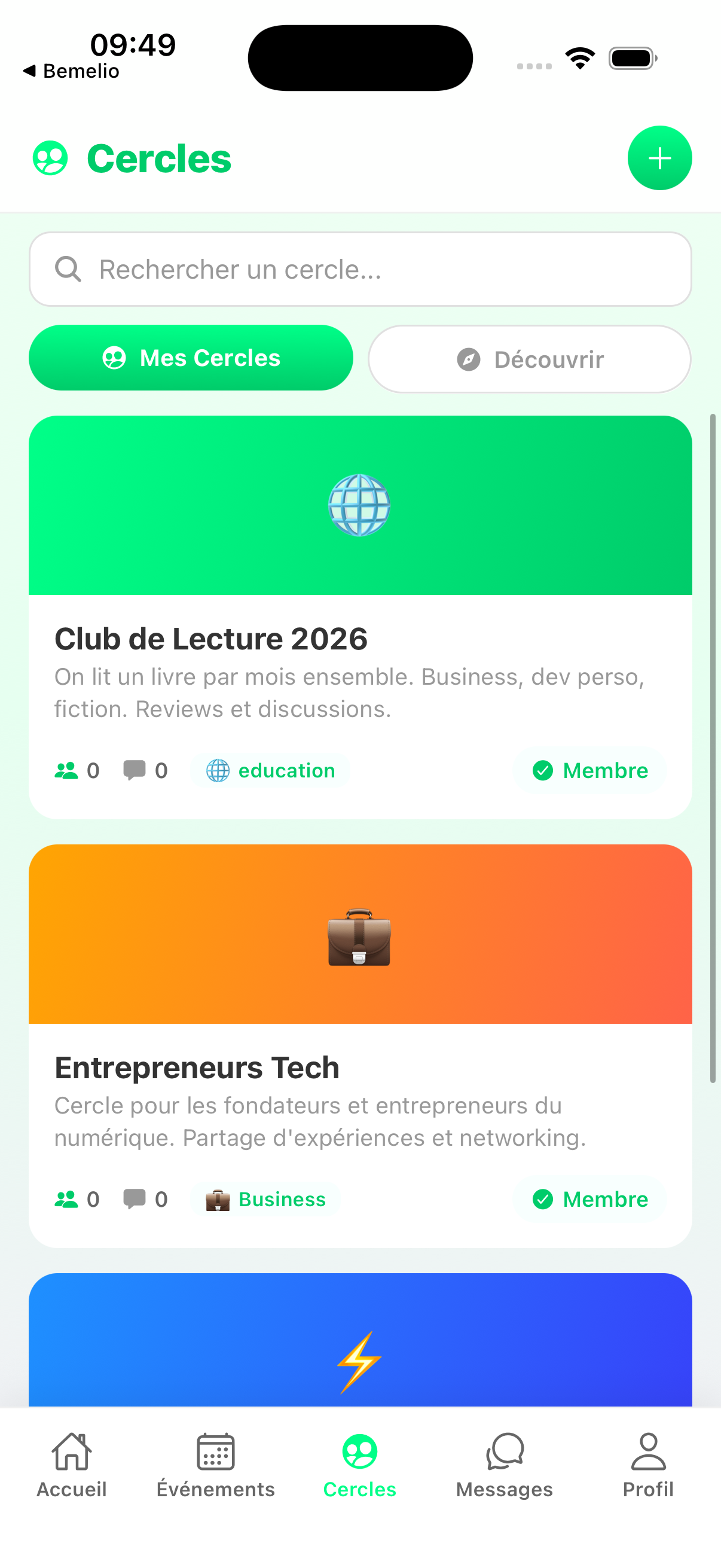 Cercles thématiques dans l'app Bemelio