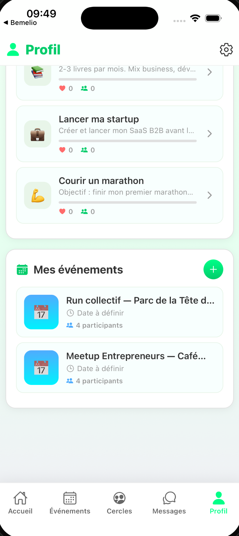 Marketplace événements dans l'app Bemelio